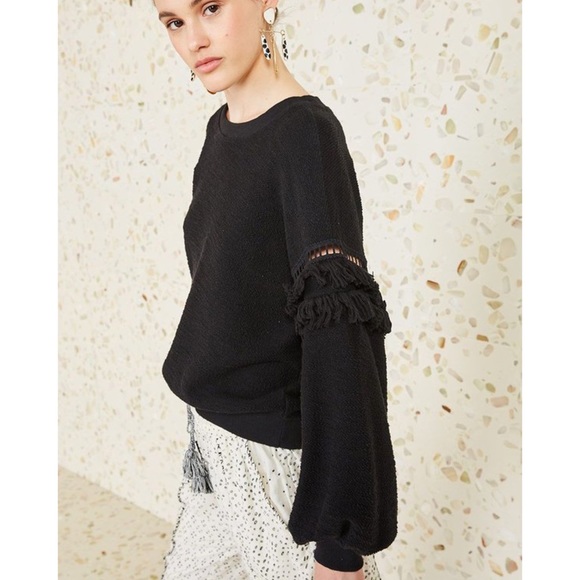 Ulla Johnson Black Textured Fringe Sleeve Sweater - Picture 2 of 9